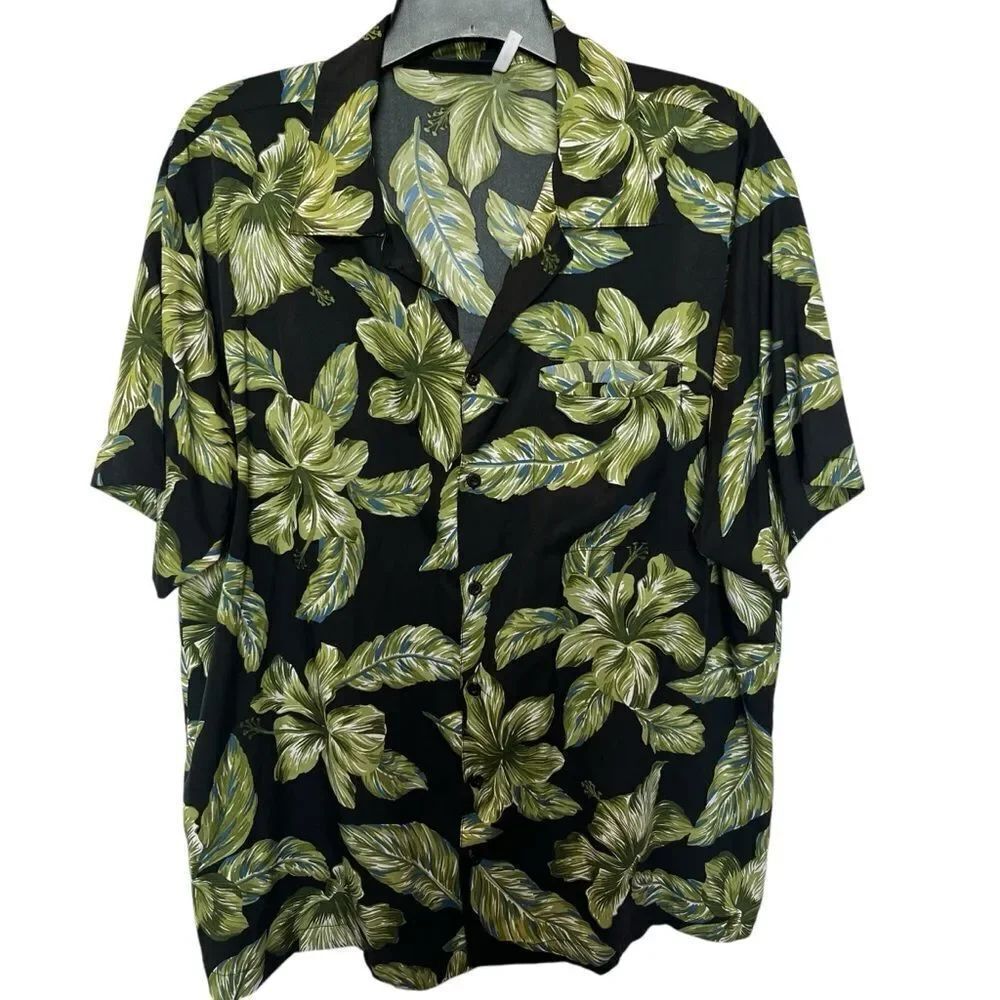 Pacific & Co. Men's Black and Green Floral Shirt Full Button Lapel Collar XL